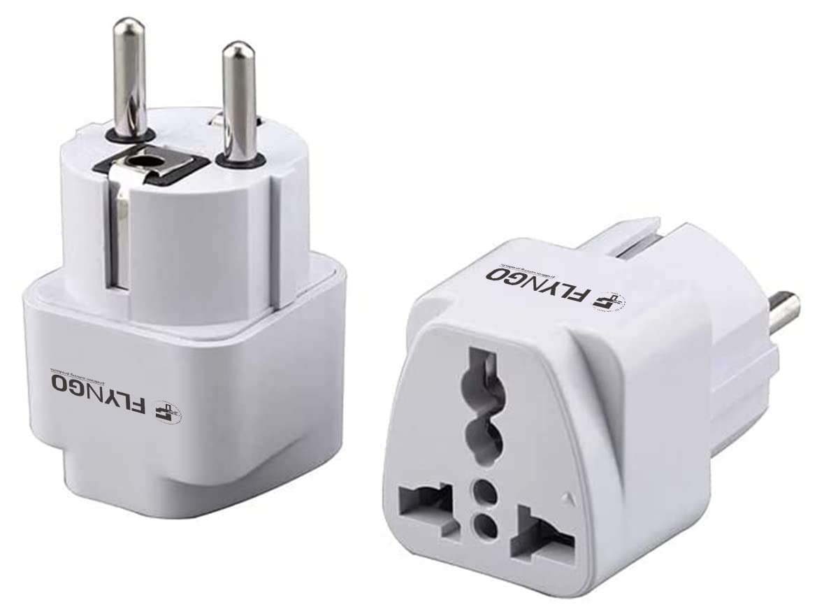 FLYNGO India to Europe, Germany, France (Schuko) (Type E/F) Travel Adapter Plug - 2 Pack