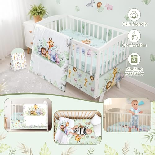 Image of Hahafelt 4 Pieces Baby Crib Bedding Set for Girls and Boys, Soft Baby Bedding Set Including Crib Skirt, Comforter, Sheet and Diaper Stacker for Nursery (Wildlife Theme)