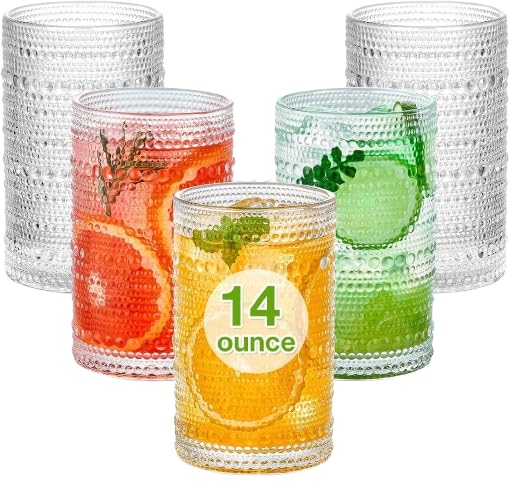 Large Vintage Hobnail Drinking Glasses Set of 5 14oz Cocktail Glasses Highball Tumblers Embossed for Beer Juice Whiskey