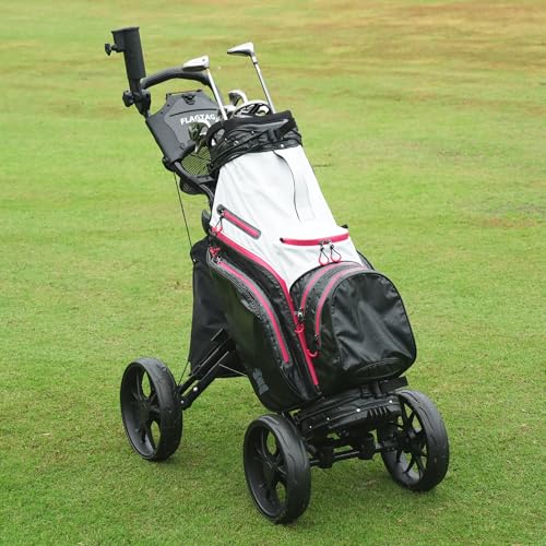 Image of Golf Push Cart 4-Wheels,Folding Golf Cart, Golf Pull cart with Cup Holder,Umbrella Holder,Cooler Bag, Foldable with one-Click,Handle Height Adjustable,Drink Holder,Walking Push cart