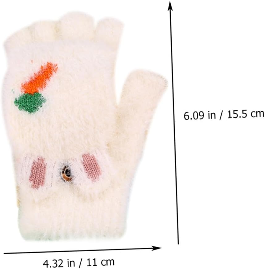 Cartoon Half Finger Winter Gloves with Flap Cover Thickened White Warm Gloves for Lovely Thermal Protection for Cold Weather