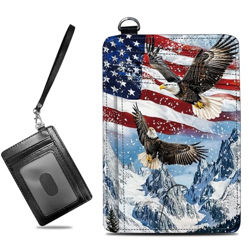 Image of Small Travel Wallets, Eagle Iceberg American Flag Slim Minimalist Front Pocket Wallet with Wristlet, RFID Blocking PU Leather Credit Card Holder with ID Window Change Purse for Men Women