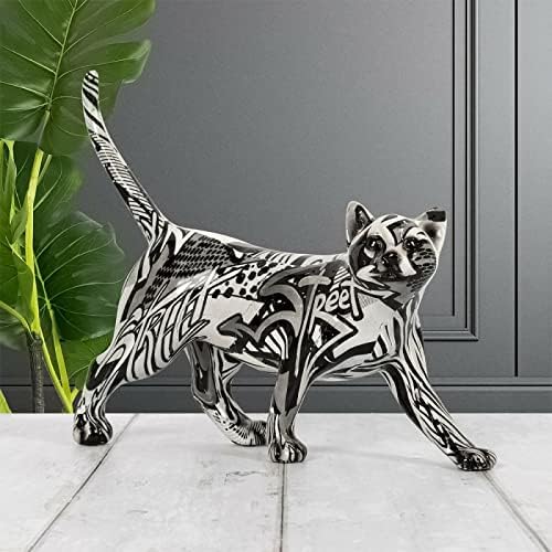 Monochrome Cat Ornament Graffiti Design Animal Sculpture Standing Cat Figurine