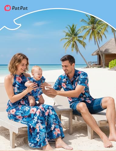 Image of PATPAT Family Hawaiian Matching Outfits - Mommy and Me Vacation Outfits | Halter Sundresses and Button Down Shirts,Caribbean Vacation Summer Tropical Outfits,Hawaiian Boho Tropical Floral Printed