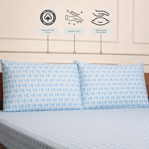 Image of Amazon Brand - Umi Cotton Fitted Bedsheet, Queen Size 78x60 Inches, Elastic Fit Bed Sheet, 10 Inch Deep Pocket, Soft Breathable Bedding, Durable Easy Care, with Pillow Cover-Azure Matrix