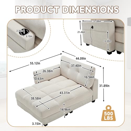 44\" Oversized Lounge Chaise Convertible Sleeper Sofabed, Corduroy Sleeper Daybed Indoor Recliner Chair Sofa Bed with Cupholders and Adjustable Headrests for Living Room Bedroom Reading Home Apartment - Thumbnail 2