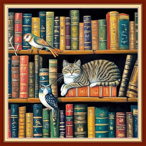 Image of Joyhoor Cross Stitch Kits for Beginners Stamped Cross-Stitch Supplies Needlework preprint Embroidery Kits for Adults DIY Needlepoint Kits Embroidery Patterns 11CT-Cat Bookshelf 18x18 inchs