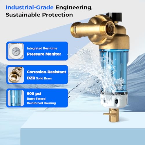 Image of iSpring WSP100GR Reusable Spin Down Sediment Water Filter 100 Micron with Built-in Housing Scraper, 360 Rotatable Head, Pressure Gauge, Blue