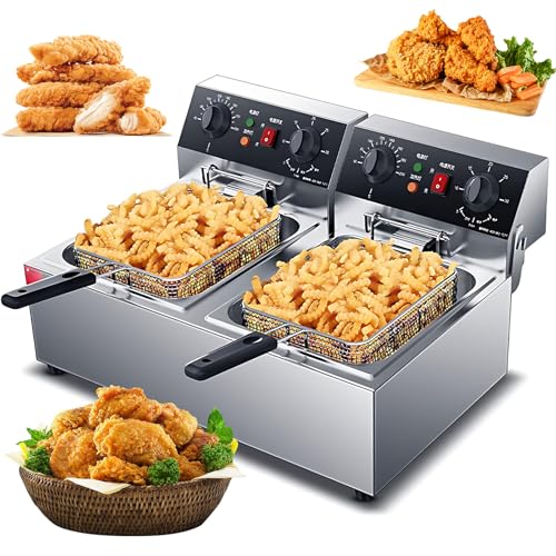 Freidora Comercial Comercial De 3000w Dual Tank, Freidora De Aceite Eléctrico De Encimera De 10l+10l con Canasta Y Tapa, Temporizador De 30 Minutos, Fácil De Limpiar
