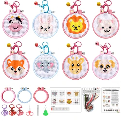 VIGEGU 8 Pack Cross Stitch Kits for Beginners Cute Animals Stamped Cross Stitch Kits for Kids Embroidery Kit for Beginners 11CT Cross Stitch Kit for Beginners with Frame