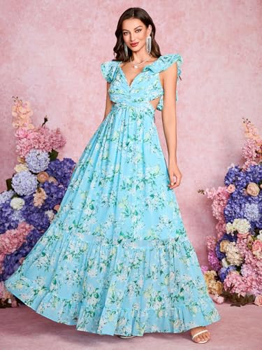 Image of Women's Summer Floral Print Straps Sleeveless V Neck Criss Cross Backless Chiffon Beach Boho Party Long Maxi Dress