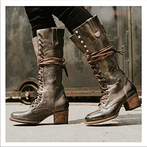 Renaissance middeleeuwse cosplay laarzen - PU lederen laarzen hoge hakken - middeleeuwse halfhoge laarzen knielengte veters festival larp schoenen voor cosplay (zwart