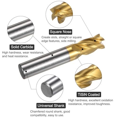 Image of uxcell Carbide Square End Mill, 5 /8 inch Diameter TiSiN Coated 4 Flutes Milling Bit Cutter, for Hardened Steel Stainless Steel Cast Iron, 5 /8 inch Shank 1-1 /4 inch Cut Length 3-1 /2 inch Long HRC55
