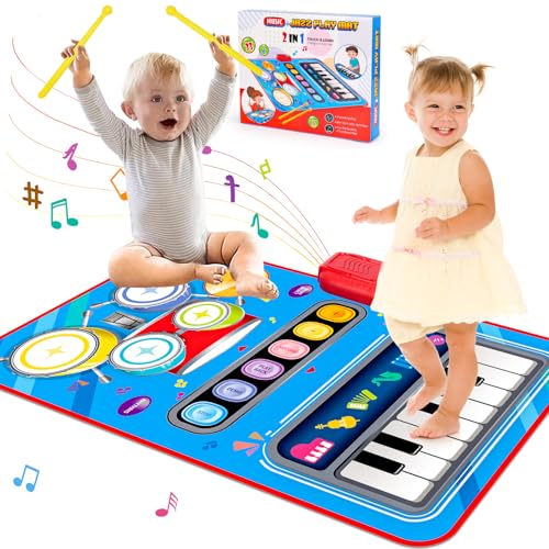 Image of Tsomtto 2 in 1 Musical Toys for Toddlers 1-3 Piano Keyboard & Drum Set Educational Baby Musical Mat Toddler Toys Age 1-2 Sensory Interactive Learning Toys for 1 2 3 Year Old Boy Girl Birthday Gifts