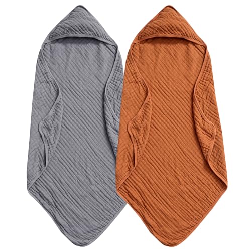Image of PHF 2 Pack Baby Hooded Towels, 100% Muslin Cotton Baby Bath Towel with Hood for Newborn, Infant, Toddler, Ultra Soft and Absorbent Baby Essentials Bath Towels for Boys Girls, 32x32Inch, Grey & Brown