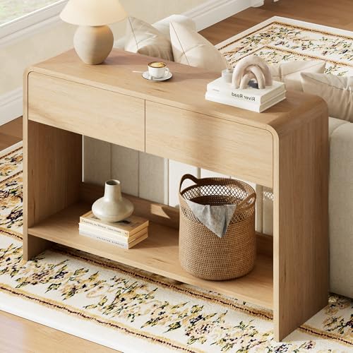 Image of AMERLIFE 45 inch Modern Console Table with 2 Storage Drawers and Open Shelf, Wooden Entryway Table with Curved Edges, Sofa Table Behind Couch for Hallway, Foyer, Entrance, Living Room, Natural Oak