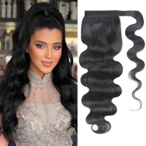 Shoobidoo Body Wave Ponytail Extension Human Hair with Magic Paste Wrap Around Ponytail Human Hair Brazilian Virgin Body Wave Human Hair Ponytail Extension for Women Natural Black Color 24 Inch