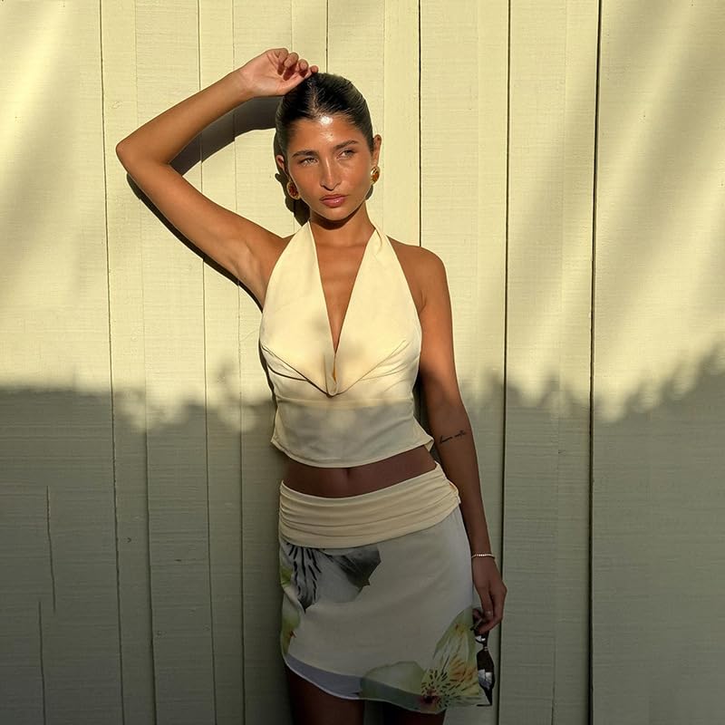 Womens Summer Vacation Floral Skirt Outfits Halter Backless Top with Mini Skirt Sexy Skirt Sets2