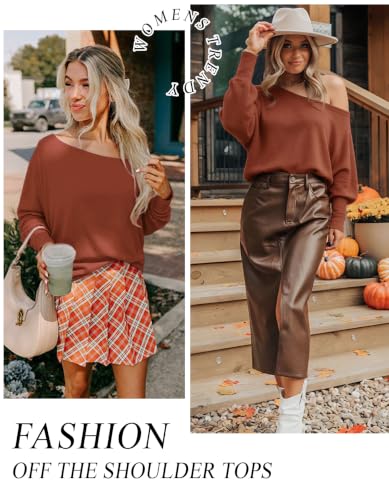 Image of Aifer Women's Off The Shoulder Tops Sexy Long Sleeve Shirts Oversized Fashion Casual Batwing Sweaters Pullover Tunic Tops