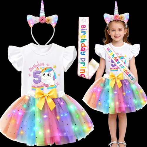 Mishopy Luminosa LED Disfraz Unicornio Niña, Cumpleaños Camisa, Tutu Falda Tul Colores, Diadema Unicornio, Banda Birthday Vestido Carnaval Disfraz para Navidad Cumpleaños Halloween (5 Años)