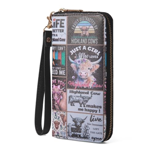 Image of Checkered Highland Cow Print Book Wallet For Women Skull Goth Frog Butterfly Ladies Cluth Wristlet Wrist Strap Long Purse Zip Around Card Holder
