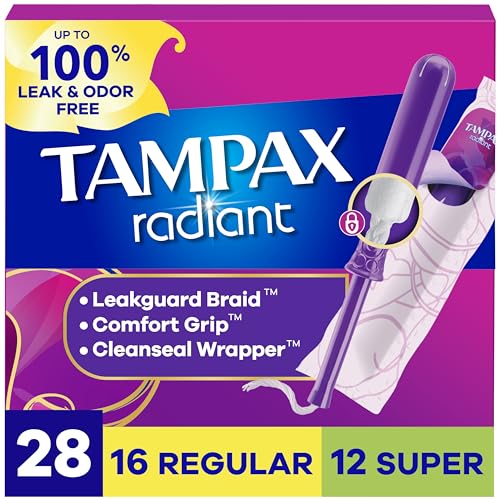 Image of Tampax Radiant Tampons for Women Multipack, with LeakGuard Braid, Regular /Super Absorbency, Unscented, 28 Count, Packaging May Vary