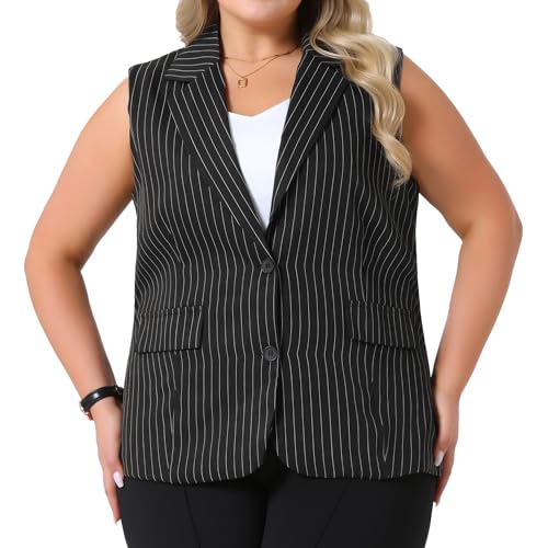 Agnes Orinda Plus Size Sleeveless Blazer Vest for Women Lapel V Neck Stripes Button Up Work Office Suit Vests2