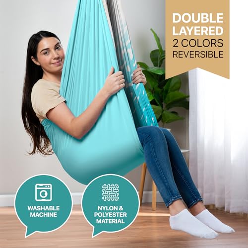 Image of Indoor Sensory Swing for Kids or Outdoor - Holds 300lbs, Double-Layer, & 360 Swivel, Calming Compression Therapy Swing Hammock for Kids & Adults with All Hardware - Sensory-Motor Toys & Gifts
