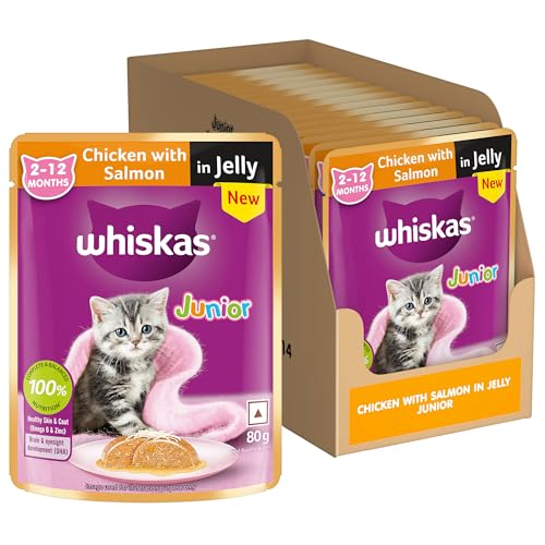 Image of Whiskas Junior Kitten (2-12 Months) Wet Cat Food, Chicken with Salmon in Jelly, 80 g x 14, Hydrating Food Made with Real Fish, 100% Complete & Balanced Nutrition for Kittens