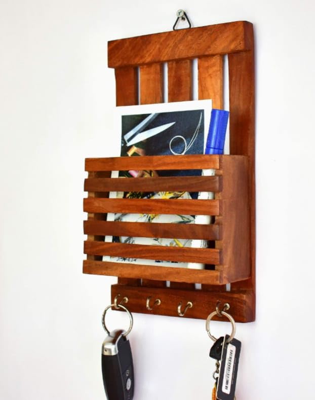 ABU HANDICRAFT Wooden Wall-Mounted Key Holder with Letter Rack, Magazine Rack & Organizer | Newspaper Holder for Office & Home | Elegant Wall Hanging Decor-image-10