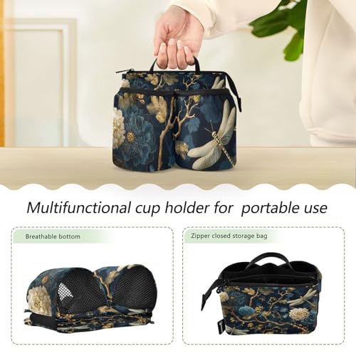Image of Luggage Cup Holder for Suitcases Free Hands Suitcase Cup Holder Travel Luggage Drink Holder Portable Luggage Cup Caddy Bag Carrier with Handle Mystical Flowers and Dragonflies