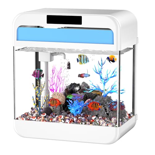 Fish Tank Aquarium 2.2 Gallon with Adjustable 3 Color Light Bead Self Cleaning 3 in 1 Pump with Filteration, Oxygenation, Water Circulation Triple Function, HD Heat Bending Glass, Leak-Proof Base