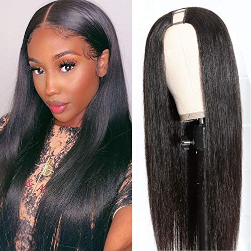 LEOSA Straight U Part Wigs for Black Women,So Wig U Part 1.5''x 3.5'' U Shape Glueless Wigs Natural Black Full Head U-part Hair Extension Clip in U Part Wig Synthetic Hair Straight Half Wig 20inch