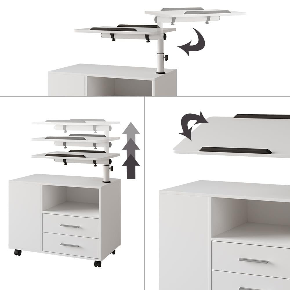 Vicco Mesilla de Noche Bora, Blanco, 80 x 88 cm | con superficie de trabajo ajustable, con tablero de trabajo giratorio y ruedas para un uso flexible