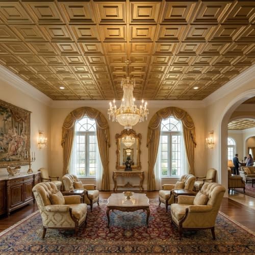 Image of Kayra Decor PVC Ceiling Panel 60x60 cm |Square Panel| Champagne Gold|50 Tiles Cover 200 Sq Ft| Modern False Ceiling|Royal & Elegant Finish