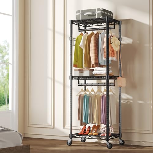 NEWBULIG Heavy Duty Clothing Rack with Wheels, 3-Tier Adjustable Wire Garment Rack, Metal Freestanding Closet Organizer System with Double Hanging Rods & 8 Side Hooks, 23" x 15" x 75", Black by NEWBULIG - Used condition - Image 7