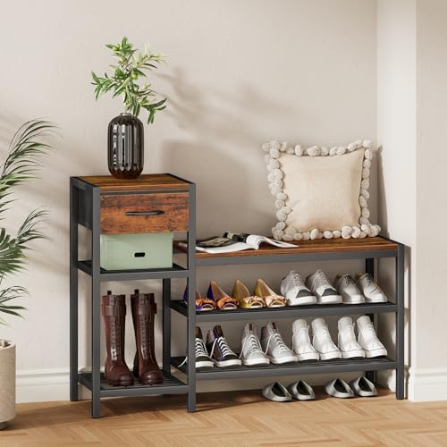 Snughome 39.4\" Shoe Storage Bench with Drawer, 3 Tier Entryway Bench with Shoe Storage, Adjustable Shelf Shoe Rack with Seating for Entryway, Front Door, Living Room
