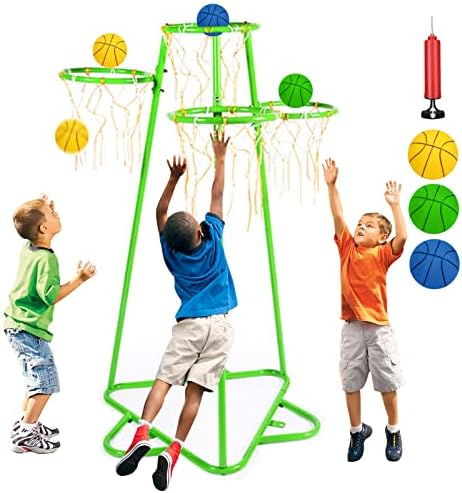 Simdesyun Kids Basketball Hoop Portable Basketball Stand with 4 Hoops at Varying Heights and 3 Balls Toy Set for Age 3 Years and Up for Toddlers Indoor and Outdoor Sport Games (Green)