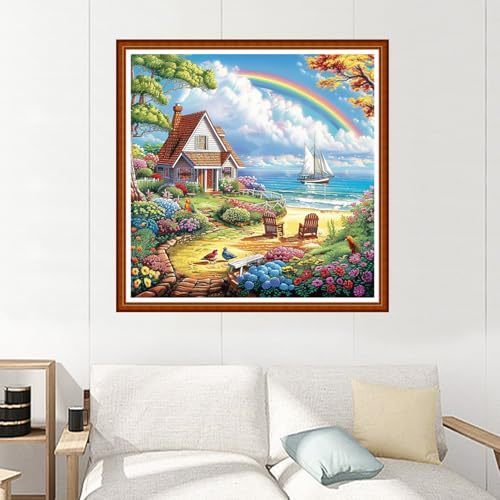 Image of Joyhoor Stamped Cross Stitch Kits for Beginners Needlepoint Kits for Adults Embroidery Kits 11CT Counted Cross Stitch Kits Printed Embroidery Pattern- Seaside Homeland Scenery 18x18 inchs