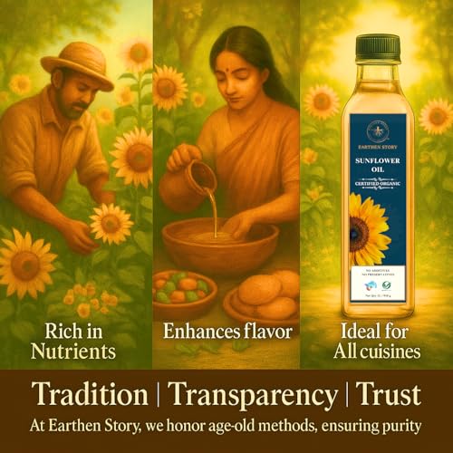 Image of Earthen Story Certified Organic Sunflower Oil 1L | Lab Tested for 250+ Pesticides | NPOP Approved | Unrefined & Chemical-Free Cooking Oil | High in Antioxidants, Heart-Healthy, Nutrient-Rich