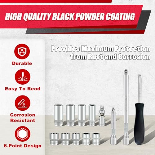 Image of EACELIY 54pcs 1 /4 inch Socket Set,Drive Impact Socket Set, SAE /Metric, Deep & Shallow with Universal Joint,Extension Bars,Hex Bit Holder, Spinner Handle,Ratchet,Cr-V Steel,6 Point,4-14mm,5 /32-9 /16 inch