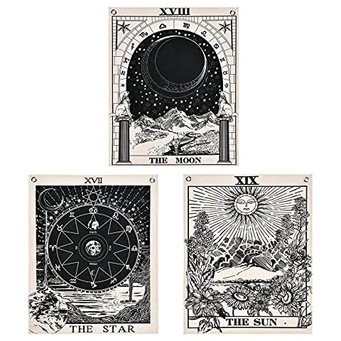 Pack of 3 Tarot Tapestries with Rustproof Grommets, Seamless Nails, The Sun Moon Star Tarot Card Tapestries Vertical Tapestry Wall Hanging (16 x 20 inches/piece) Cover