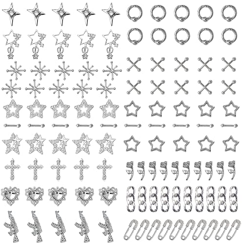 ZAKCBEAUR 115 PCS Silver Punk Nail Charms Kit 15 Styles Mixed Metal Nail Art Decorations with Hearts Crosses Guns Roses & Rhinestones for Acrylic Gel & Press-On Nails