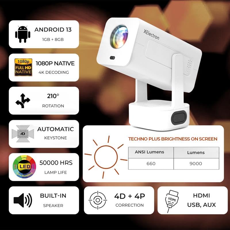 Image of XElectron Techno Plus Android 13 Smart Projector 4k Ultra HD, Bass Speaker, Auto Focus, Auto & 4D Keystone, Rotatable Design with Netflix, Prime, etc, WiFi 6 & BT, Screen Mirroring, 1080P Native