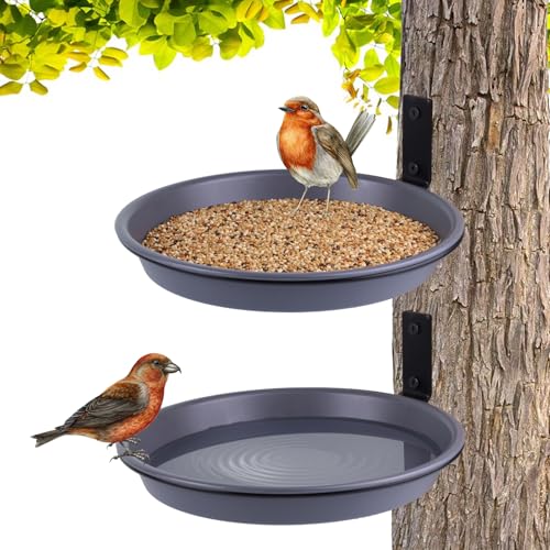 FAHAWEL 2 Pack Tree Mounted Bird Feeder Bath Tray, 8.4'' Plastic Bird Bath Bowl with Metal Holder for Wooden Fence Post Outside, Heavy Duty Wall Mount Squirrel Pet Water Feeder Indoor Outdoor Deck