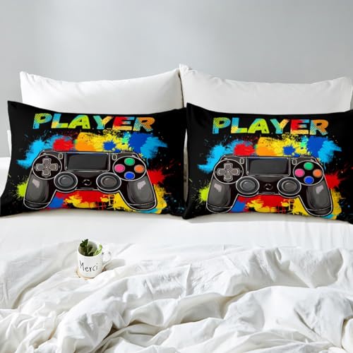 Homemissing Game Controller Duvet Cover 135x200cm Gamer Bedding Set for Teens and Boys Game Players Single Bedding Black Tie Dyed Comforter Cover Color Ink Decoration with 1 pillowcases - Image 4