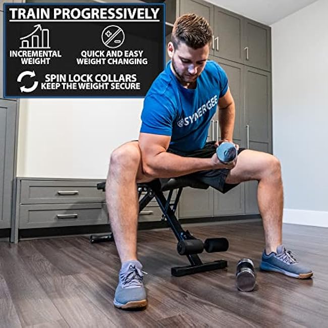 Synergee Ultra Compact Adjustable Dumbbell Sets. Steel Weight Set with Foam Handles and Chrome Finish. Weights Range from 5-20 lbs.