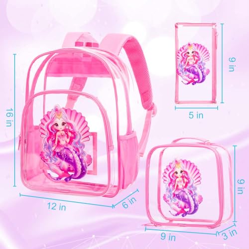 Image of AGSDON 3PCS Clear Backpack for Girls, Kids Mermaid Transparent Bookbag Heavy Duty, Cute See Through Backpacks with Lunch Bag - Pink