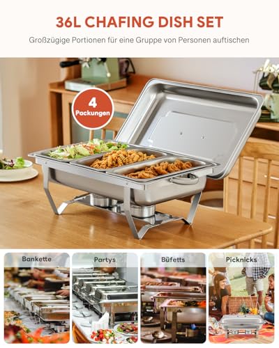 Wilprep Chafing Dish Edelstahl 9L Buffet-Set Warmhaltebehälter Speisenwärmer Wärmebehälter Rechaud für Catering, Buffet und Party (4 Set 3x1/3 GN-Behälter) – Bild 3