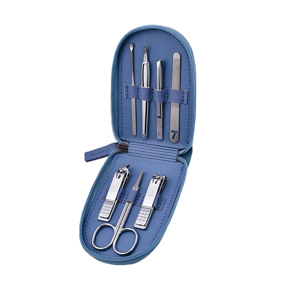 Kit de cortaúñas for uñas de los pies, Juego de 7 Piezas de limas for uñas, cortaúñas, Kit de Belleza for manicura con Estuche de Cuero PU Azul portátil, Kit de manicura